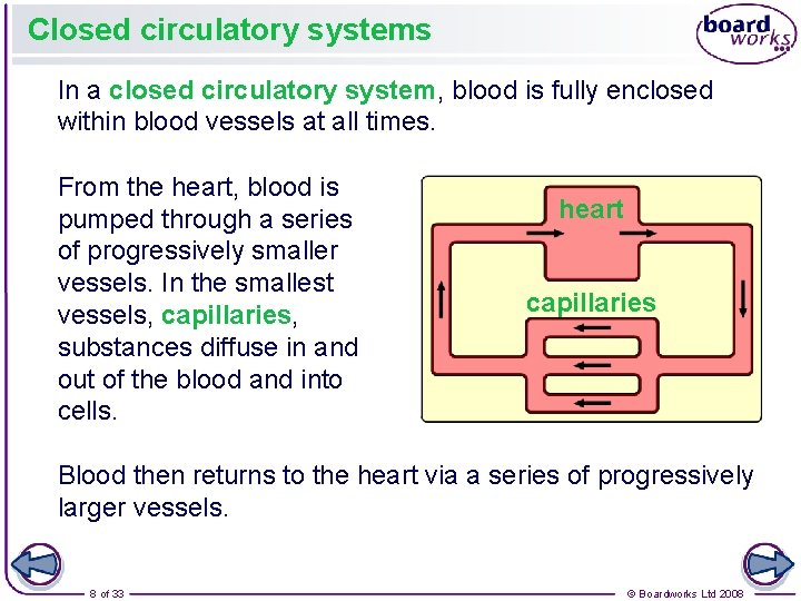Closed circulatory systems In a closed circulatory system, blood is fully enclosed within blood