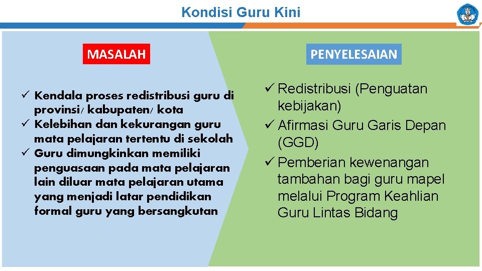 Kondisi Guru Kini MASALAH ü Kendala proses redistribusi guru di provinsi/ kabupaten/ kota ü