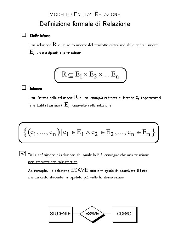 MODELLO ENTITA’ - RELAZIONE Definizione formale di Relazione o Definizione una relazione R è