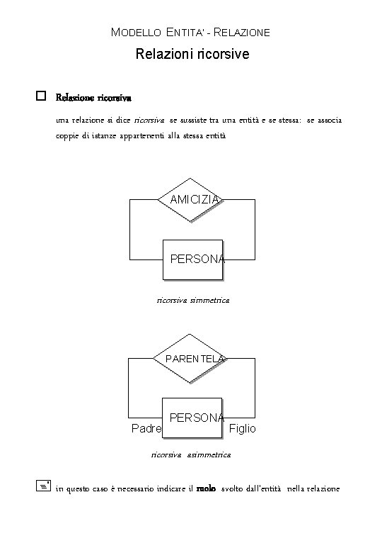 MODELLO ENTITA’ - RELAZIONE Relazioni ricorsive o Relazione ricorsiva una relazione si dice ricorsiva