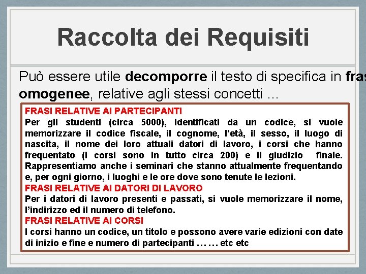 Raccolta dei Requisiti Può essere utile decomporre il testo di specifica in fras omogenee,