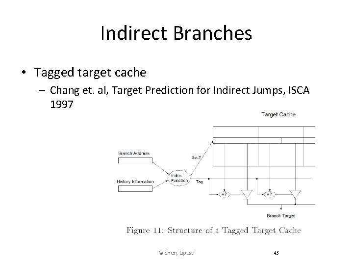Indirect Branches • Tagged target cache – Chang et. al, Target Prediction for Indirect
