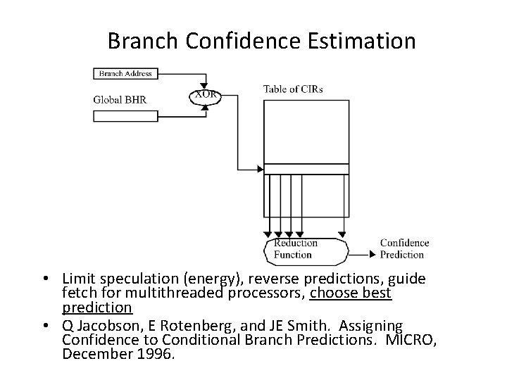 Branch Confidence Estimation • Limit speculation (energy), reverse predictions, guide fetch for multithreaded processors,