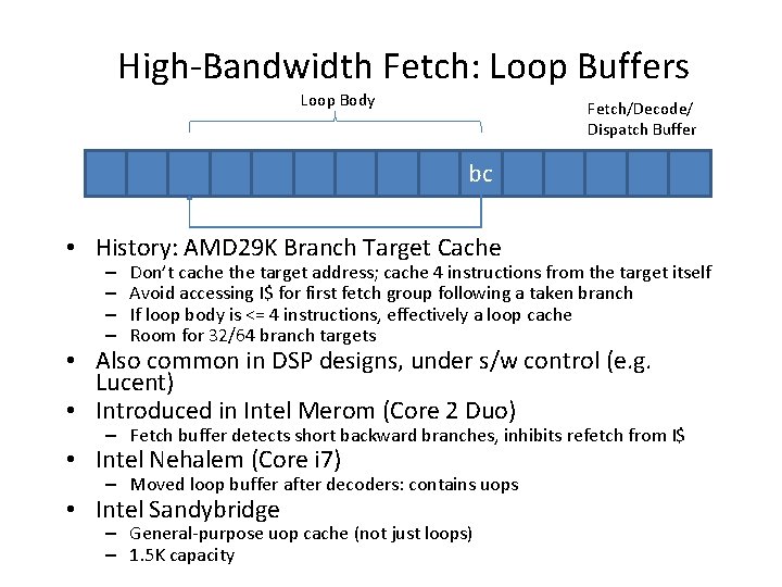 High-Bandwidth Fetch: Loop Buffers Loop Body Fetch/Decode/ Dispatch Buffer bc • History: AMD 29