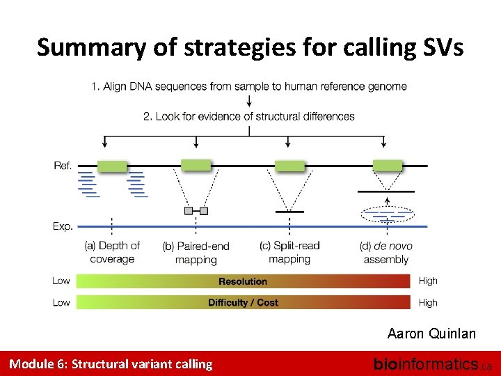 Summary of strategies for calling SVs Aaron Quinlan Module 6: Structural variant calling bioinformatics.
