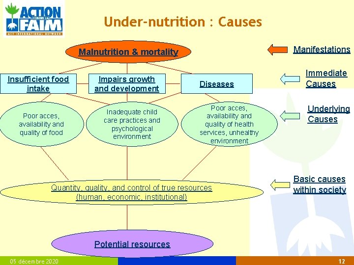 Under-nutrition : Causes Manifestations Malnutrition & mortality Insufficient food intake Poor acces, availability and