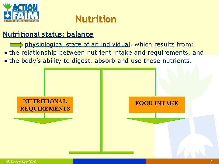 Nutritional status: balance physiological state of an individual, which results from: the relationship between