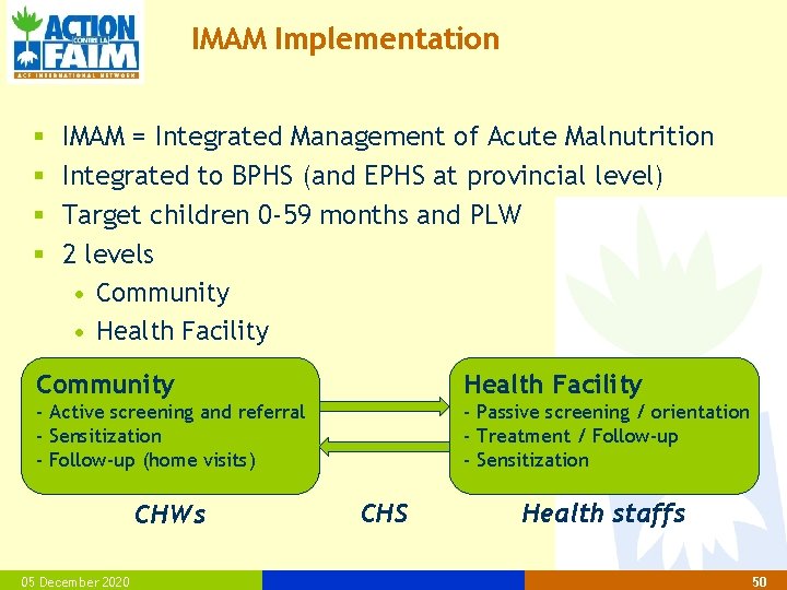 IMAM Implementation § § IMAM = Integrated Management of Acute Malnutrition Integrated to BPHS