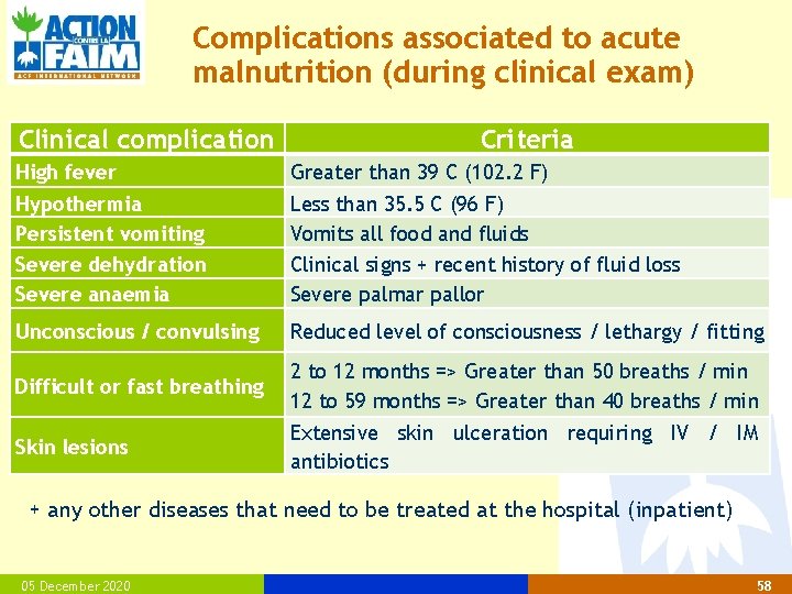Complications associated to acute malnutrition (during clinical exam) Clinical complication Criteria High fever Greater