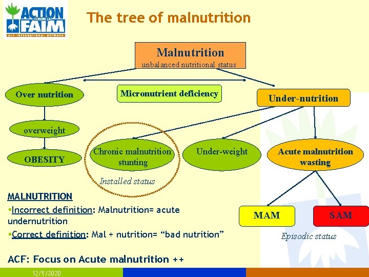 The tree of malnutrition Malnutrition unbalanced nutritional status Over nutrition Micronutrient deficiency Under-nutrition overweight