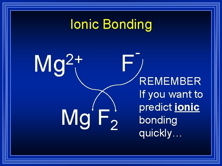 Ionic Bonding 2+ Mg Mg F 2 F REMEMBER If you want to predict