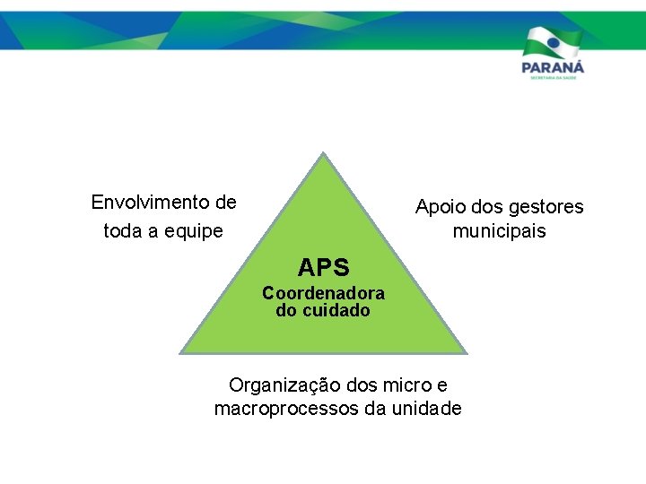 Envolvimento de toda a equipe Apoio dos gestores municipais APS Coordenadora do cuidado Organização