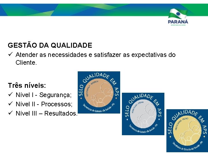 GESTÃO DA QUALIDADE ü Atender as necessidades e satisfazer as expectativas do Cliente. Três