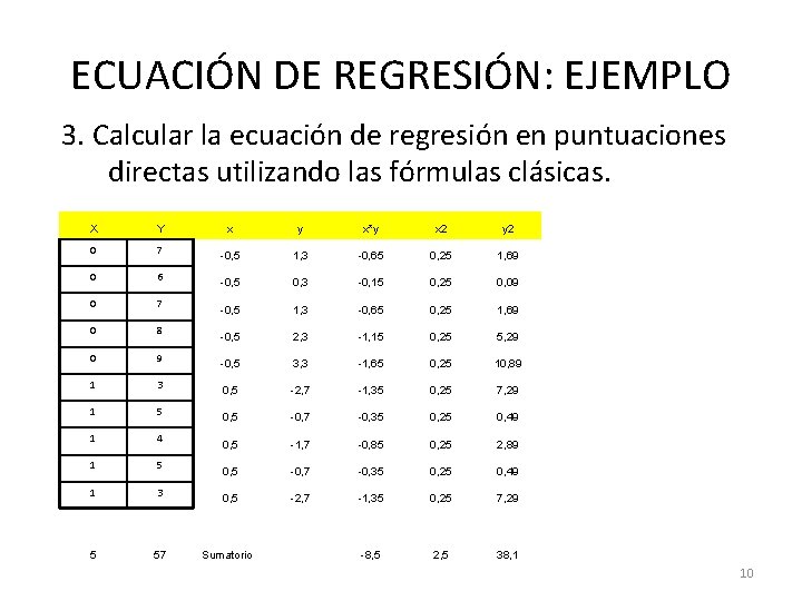 ECUACIÓN DE REGRESIÓN: EJEMPLO 3. Calcular la ecuación de regresión en puntuaciones directas utilizando