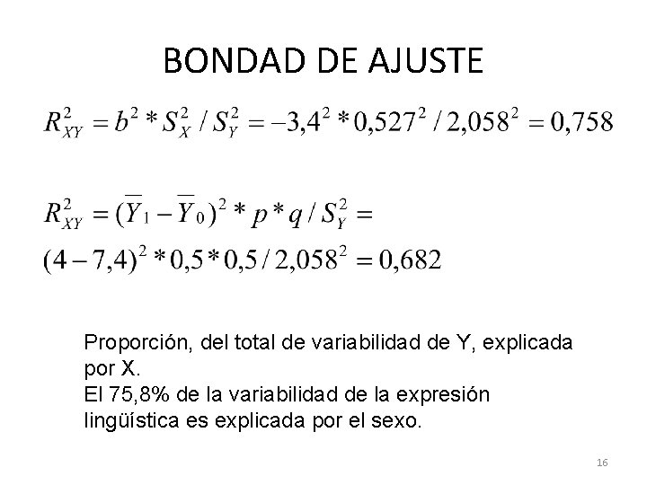 BONDAD DE AJUSTE Proporción, del total de variabilidad de Y, explicada por X. El