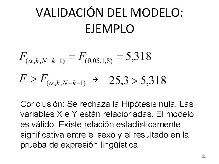 VALIDACIÓN DEL MODELO: EJEMPLO Conclusión: Se rechaza la Hipótesis nula. Las variables X e