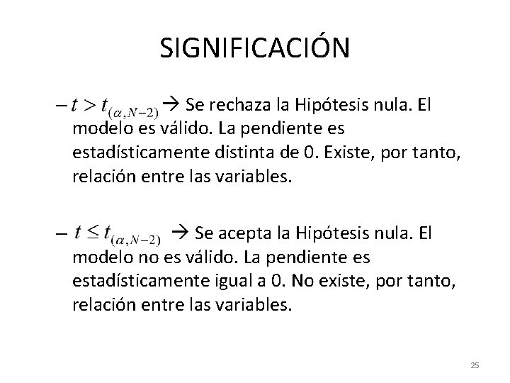 SIGNIFICACIÓN – Se rechaza la Hipótesis nula. El modelo es válido. La pendiente es