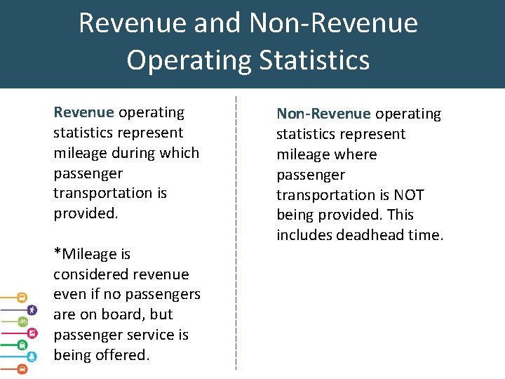 Revenue and Non-Revenue Operating Statistics Revenue operating statistics represent mileage during which passenger transportation