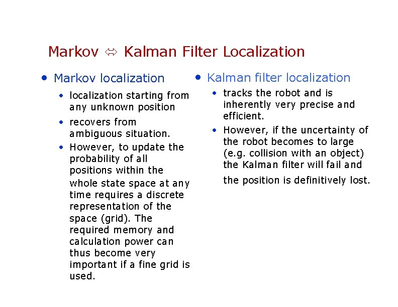 Markov Kalman Filter Localization • Markov localization • localization starting from any unknown position