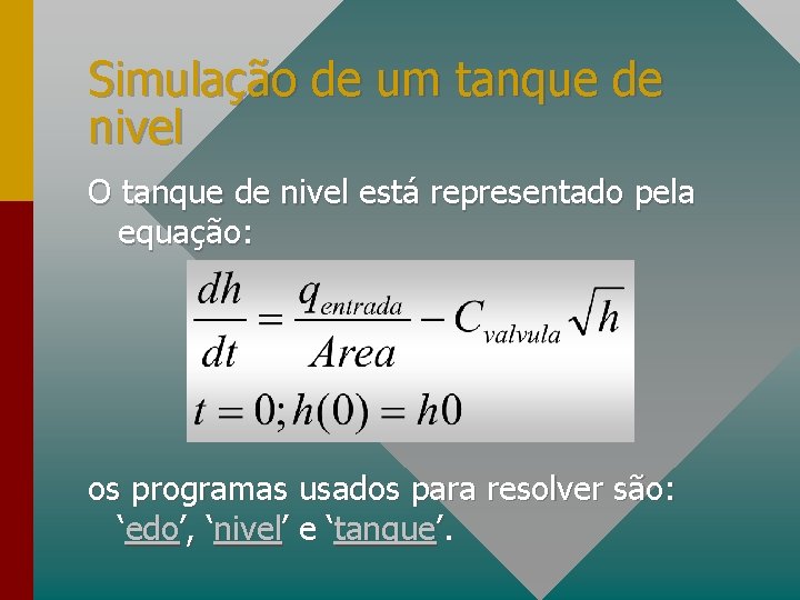Simulação de um tanque de nivel O tanque de nivel está representado pela equação: