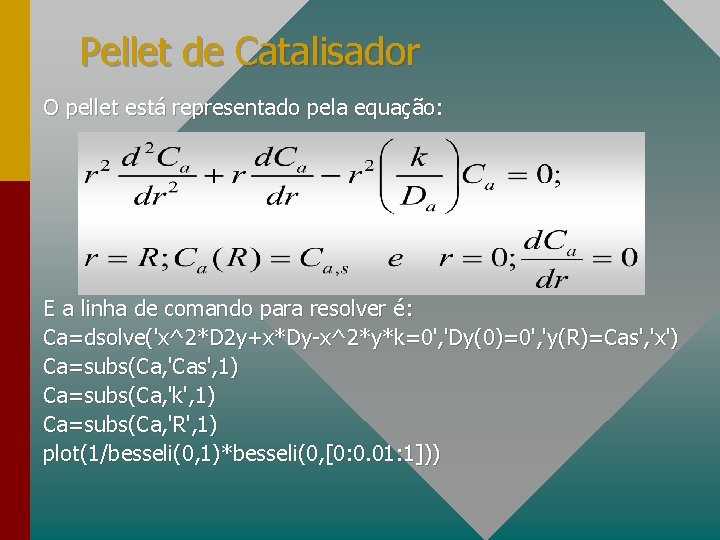 Pellet de Catalisador O pellet está representado pela equação: E a linha de comando