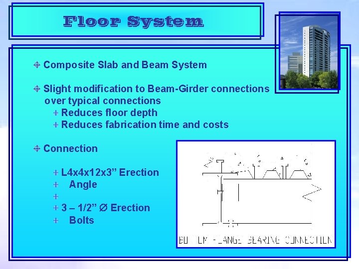 Floor System Composite Slab and Beam System Slight modification to Beam-Girder connections over typical