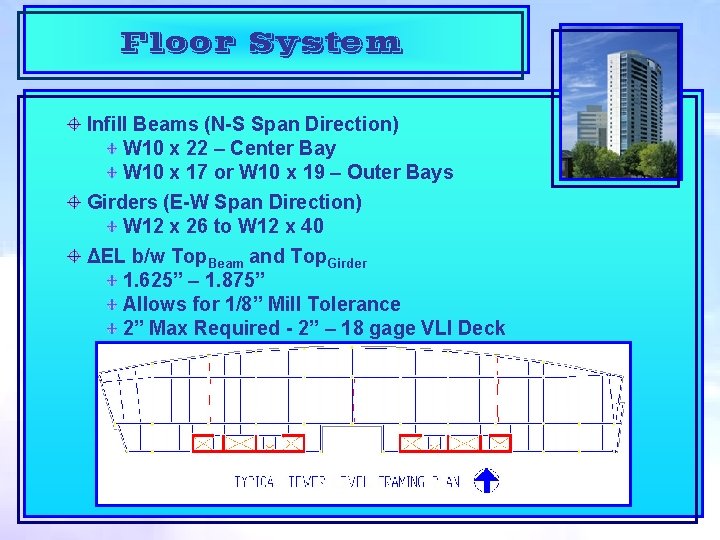 Floor System Infill Beams (N-S Span Direction) W 10 x 22 – Center Bay