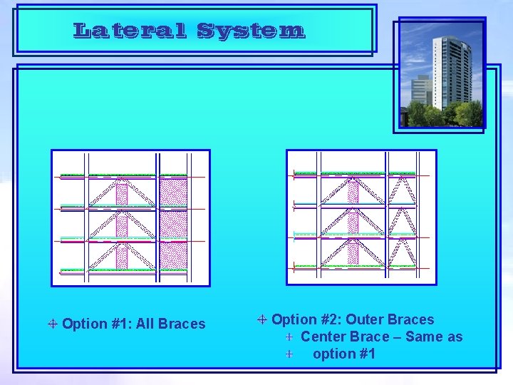 Lateral System Option #1: All Braces Option #2: Outer Braces Center Brace – Same