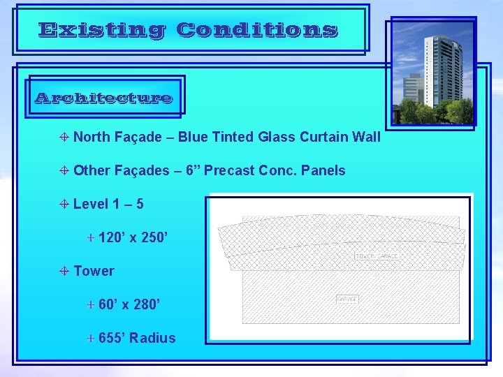 Existing Conditions Architecture North Façade – Blue Tinted Glass Curtain Wall Other Façades –