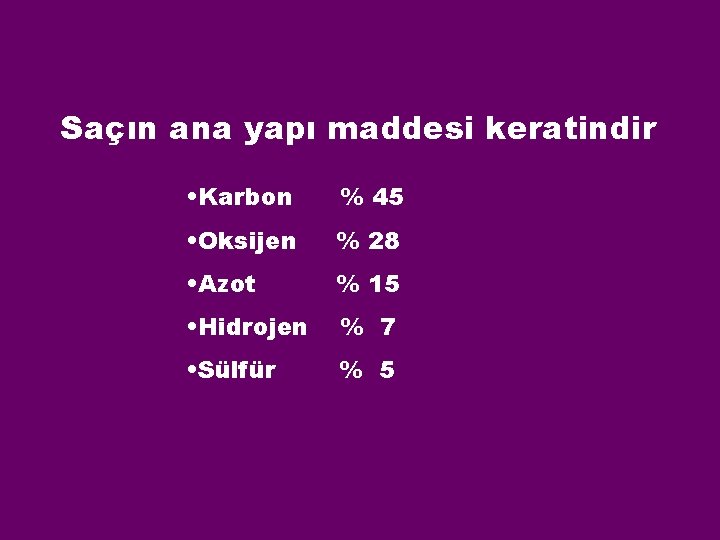 Saçın ana yapı maddesi keratindir • Karbon % 45 • Oksijen % 28 •