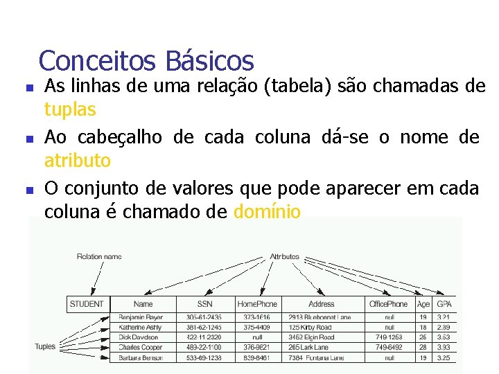 Conceitos Básicos n n n As linhas de uma relação (tabela) são chamadas de