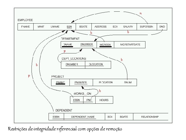 n b b p b Restrições de integridade referencial com opções de remoção 