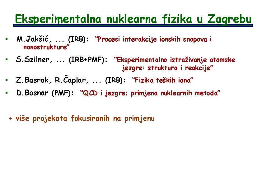 Eksperimentalna nuklearna fizika u Zagrebu § M. Jakšić, . . . (IRB): “Procesi interakcije