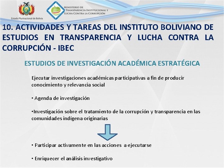10. ACTIVIDADES Y TAREAS DEL INSTITUTO BOLIVIANO DE ESTUDIOS EN TRANSPARENCIA Y LUCHA CONTRA