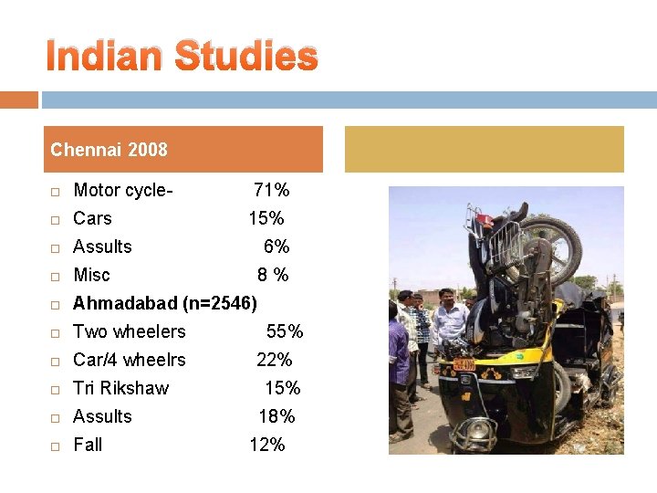 Indian Studies Chennai 2008 Motor cycle- 71% Cars 15% Assults Misc Ahmadabad (n=2546) Two