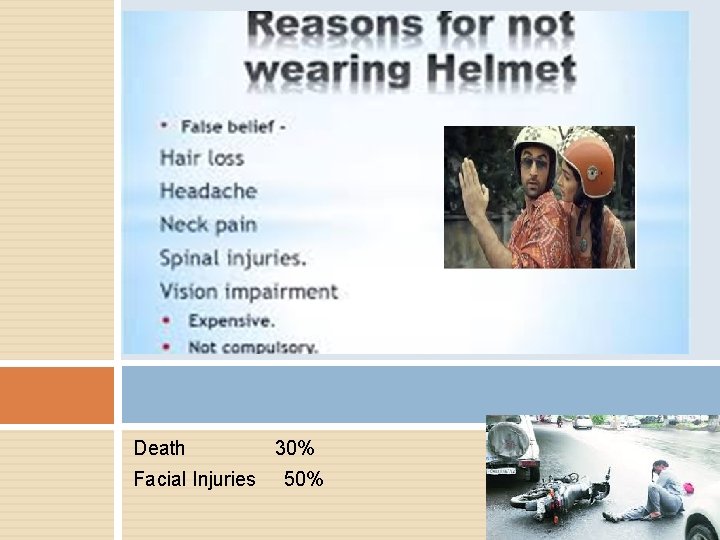 Death Facial Injuries 30% 50% 