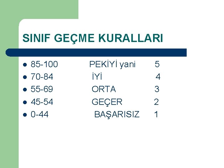 SINIF GEÇME KURALLARI l l l 85 -100 70 -84 55 -69 45 -54