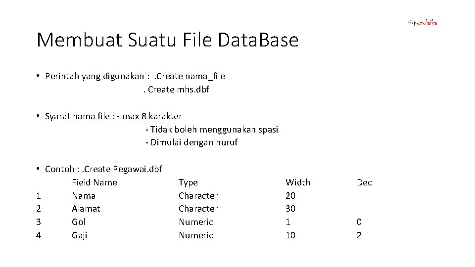 Membuat Suatu File Data. Base • Perintah yang digunakan : . Create nama_file. Create