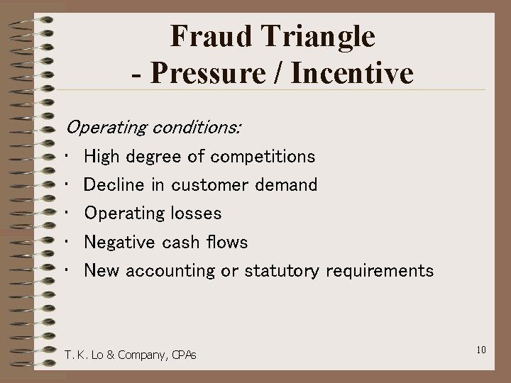 Fraud Triangle - Pressure / Incentive Operating conditions: • High degree of competitions •