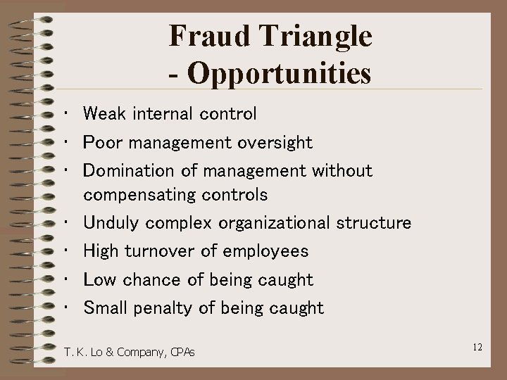 Fraud Triangle - Opportunities • Weak internal control • Poor management oversight • Domination