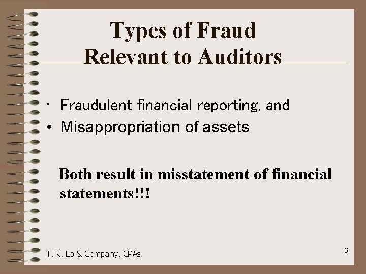 Types of Fraud Relevant to Auditors • Fraudulent financial reporting, and • Misappropriation of