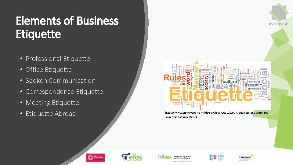 Elements of Business Etiquette • • • Professional Etiquette Office Etiquette Spoken Communication Correspondence