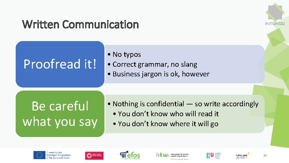 Written Communication Proofread it! • No typos • Correct grammar, no slang • Business