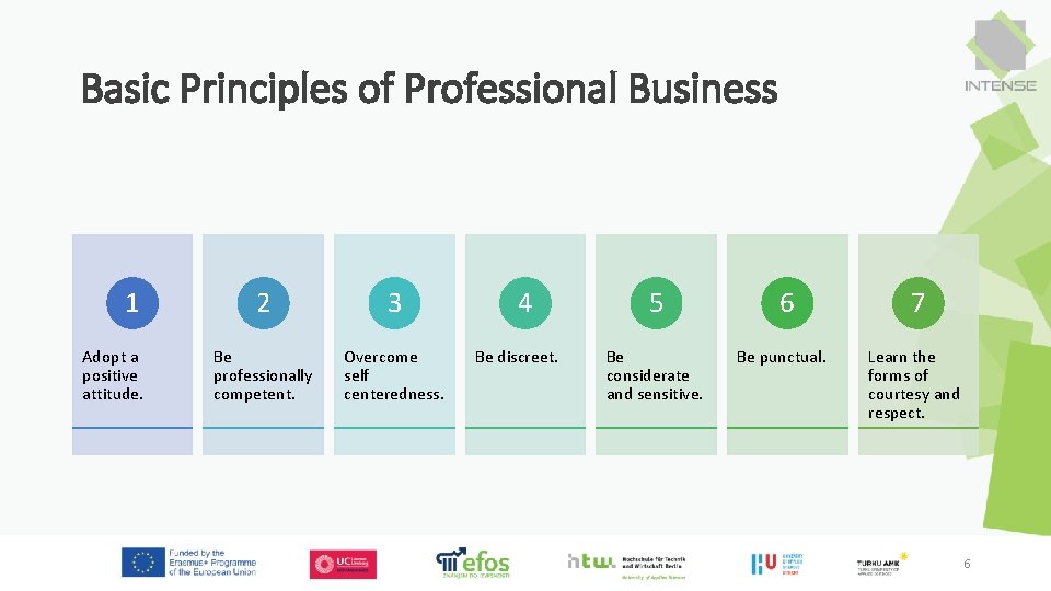 Basic Principles of Professional Business 1 Adopt a positive attitude. 2 3 Be professionally