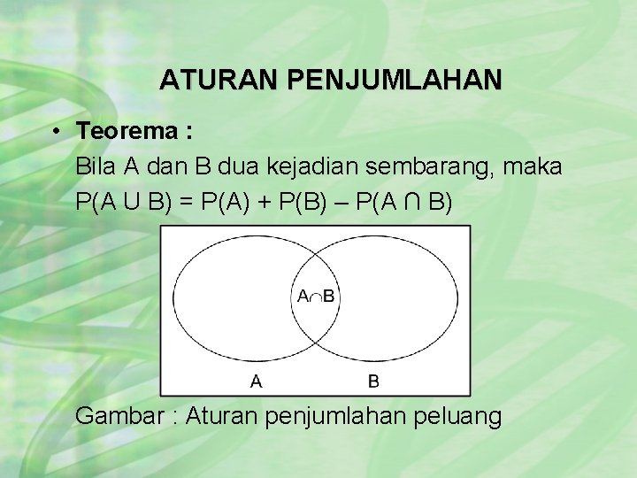 ATURAN PENJUMLAHAN • Teorema : Bila A dan B dua kejadian sembarang, maka P(A