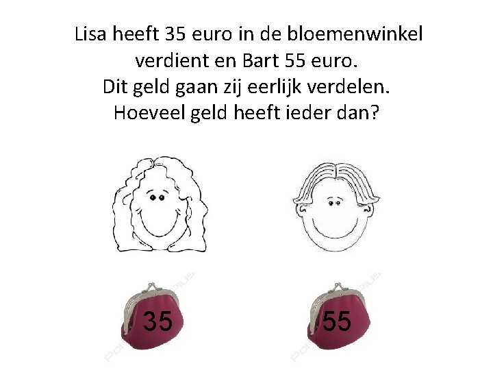 Lisa heeft 35 euro in de bloemenwinkel verdient en Bart 55 euro. Dit geld