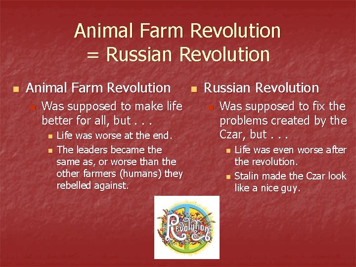 Animal Farm Revolution = Russian Revolution n Animal Farm Revolution n Was supposed to