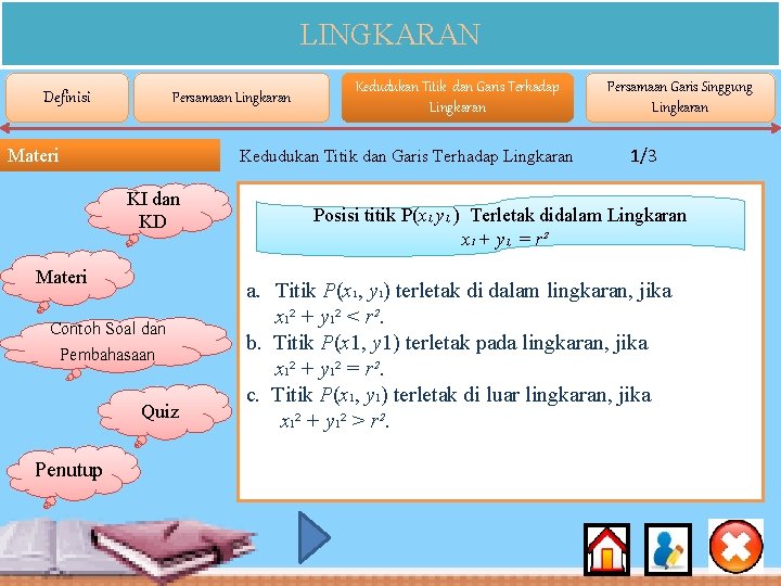 LINGKARAN Definisi Persamaan Lingkaran Materi Kedudukan Titik dan Garis Terhadap Lingkaran KI dan KD