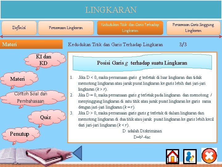 LINGKARAN Definisi Persamaan Lingkaran Materi Kedudukan Titik dan Garis Terhadap Lingkaran KI dan KD