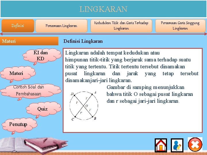 LINGKARAN Definisi Persamaan Lingkaran Materi Persamaan Garis Singgung Lingkaran Definisi Lingkaran KI dan KD